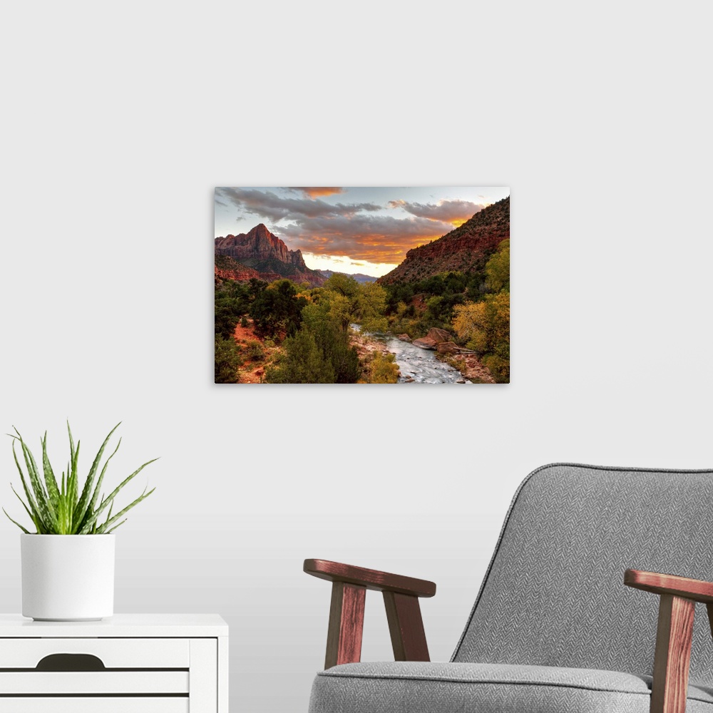 A modern room featuring Virgin River - Watchman Mountain in Zion National Park, Utah.