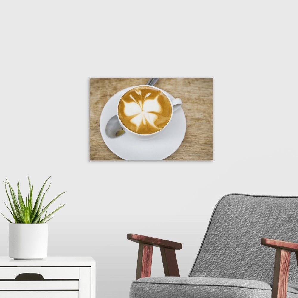 A modern room featuring Latte with a butterfly design, Montreal, Canada