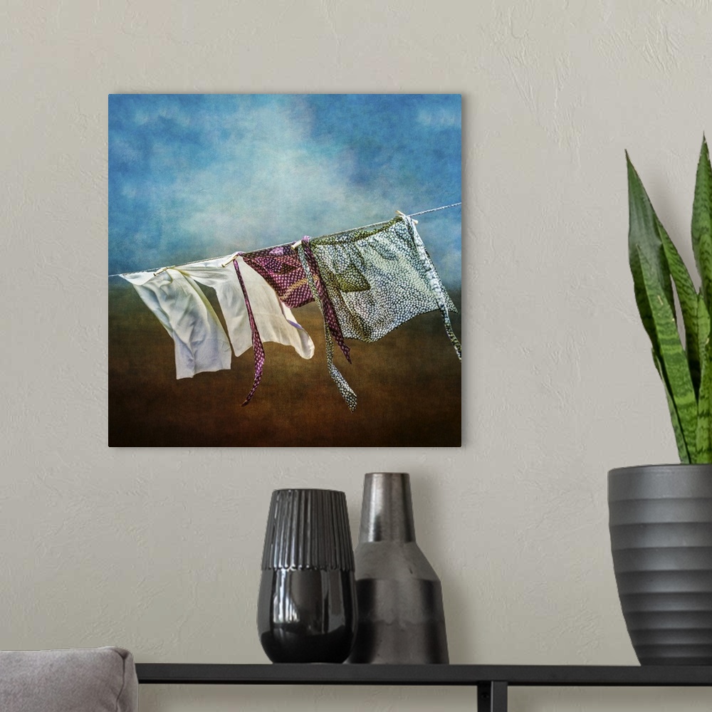 A modern room featuring Laundry blowing in the wind .Creative retro feel, artistic texture effect