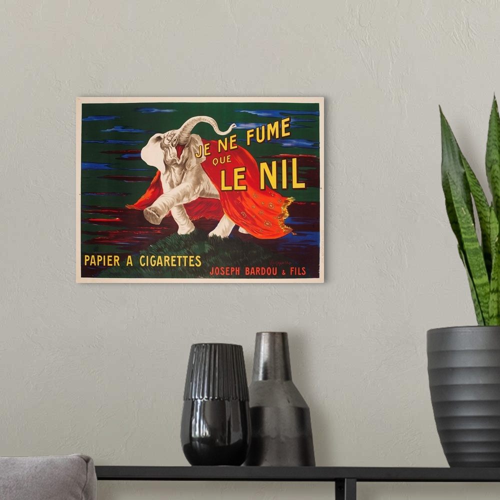 A modern room featuring Advertising poster showing Le Nil Elephant, illustrated by Leonetto Cappiello, 1912.