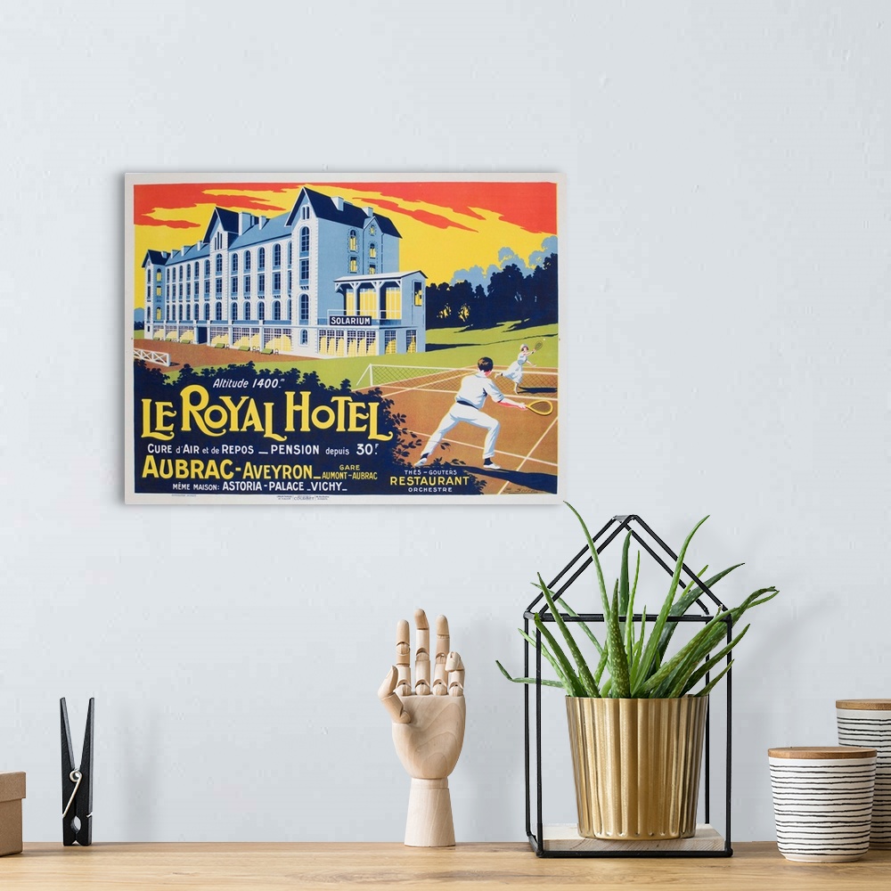 A bohemian room featuring 1930s French advertising poster for Hotel and resort, Le Royal Hotel Aubrac, offering tennis, sol...
