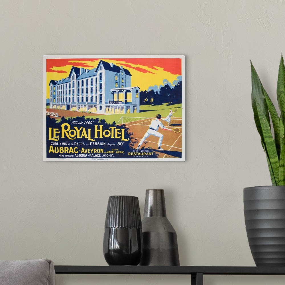 A modern room featuring 1930s French advertising poster for Hotel and resort, Le Royal Hotel Aubrac, offering tennis, sol...