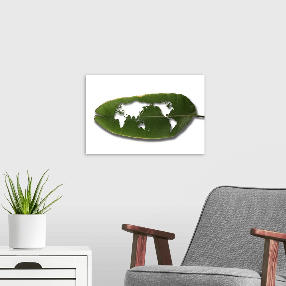 A modern room featuring Leaf world map
