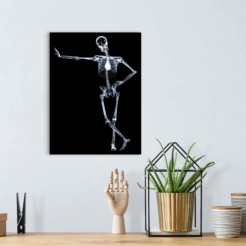 A bohemian room featuring Leaning skeleton against black
