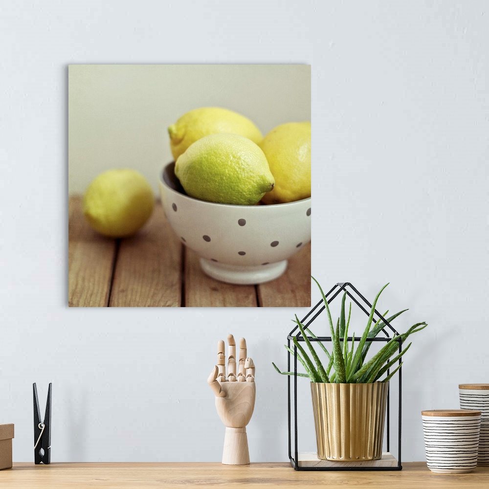 A bohemian room featuring Lemons in bowl on table.