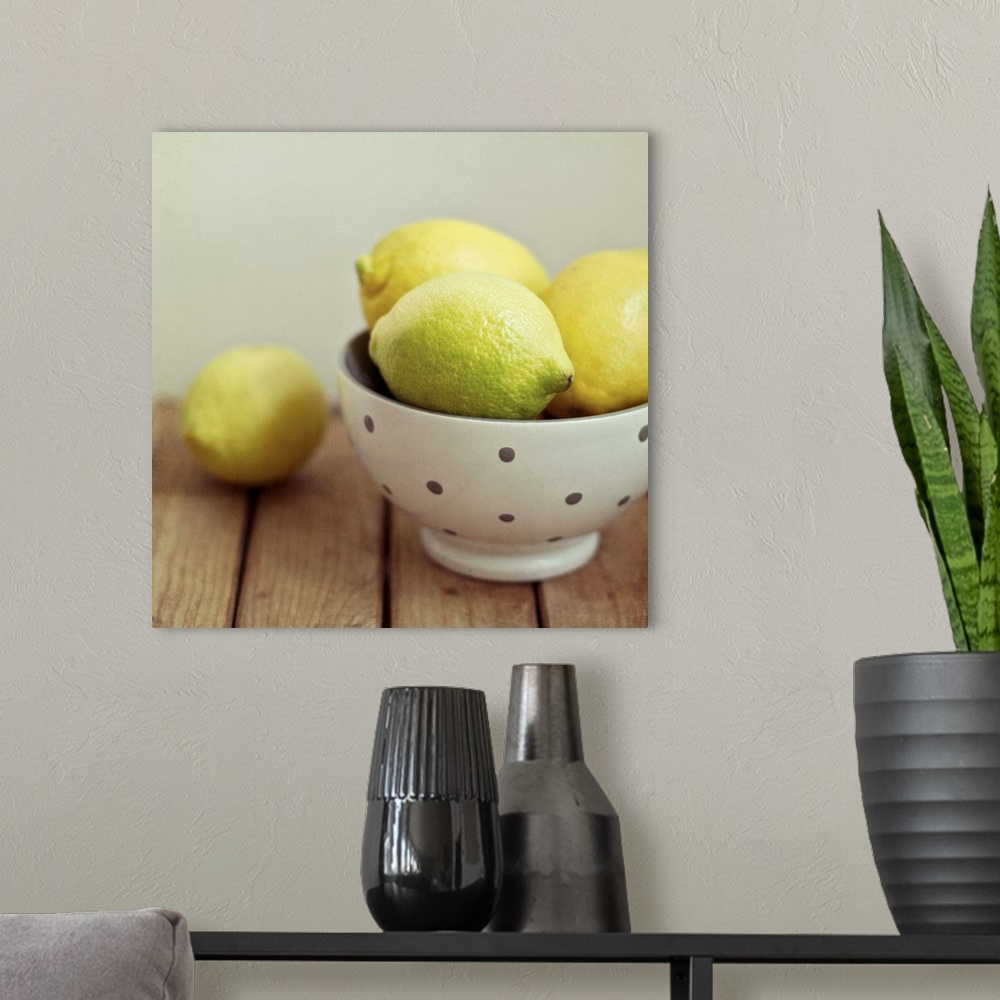 A modern room featuring Lemons in bowl on table.