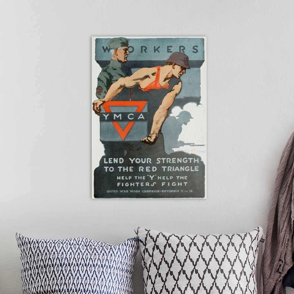 A bohemian room featuring WWI YMCA poster by Gil Spear.