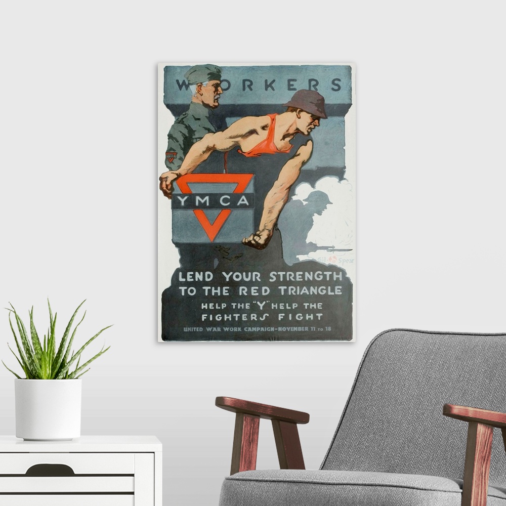A modern room featuring WWI YMCA poster by Gil Spear.
