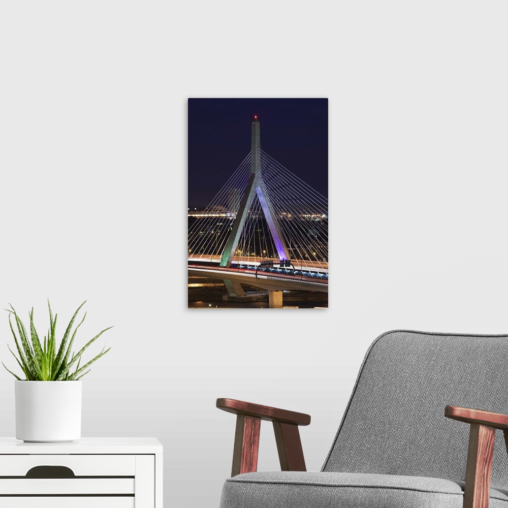 A modern room featuring Leonard Zakim Bridge and Rt. 93 at dusk, Boston, Massachusetts, USA
