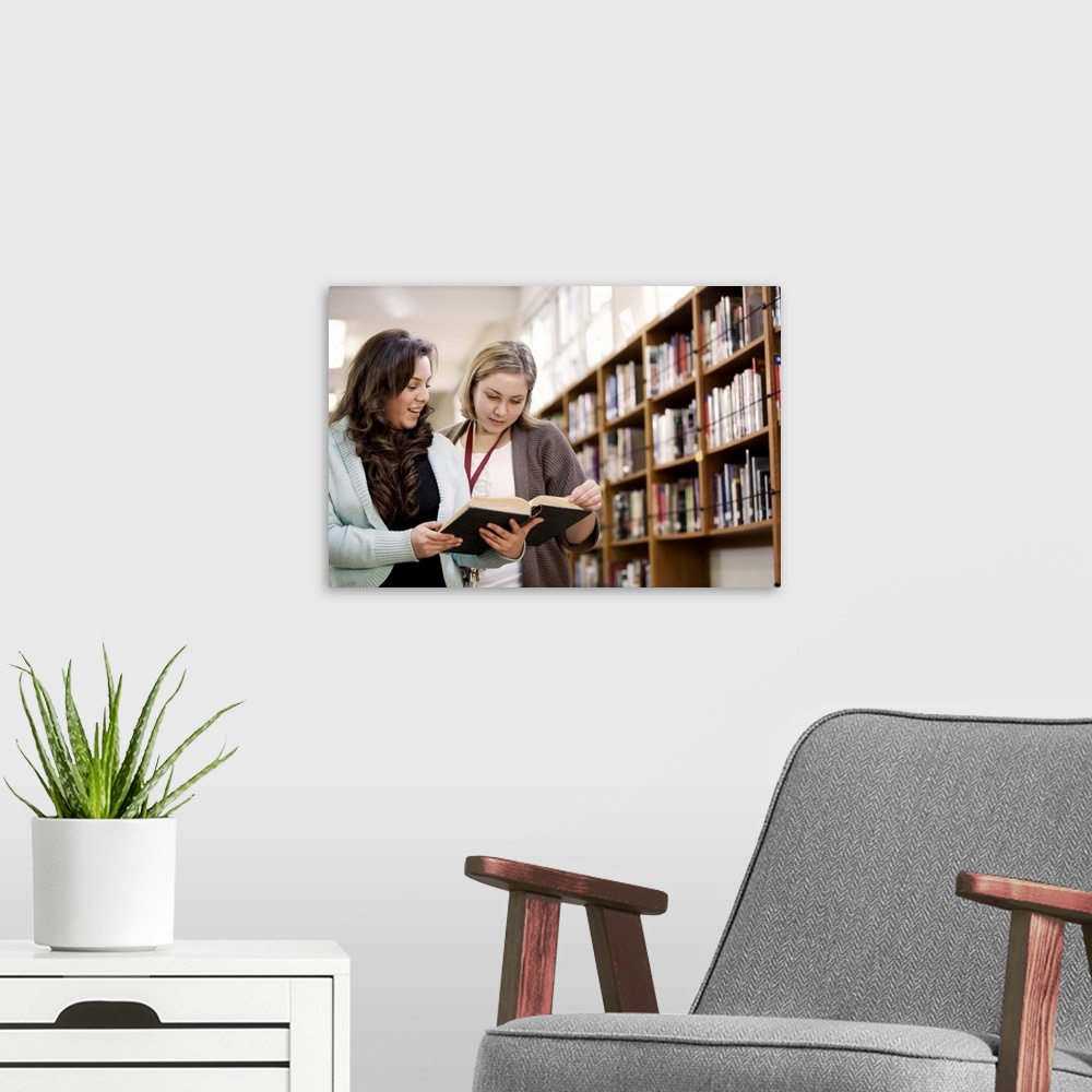 A modern room featuring Librarian helping student with research in school library