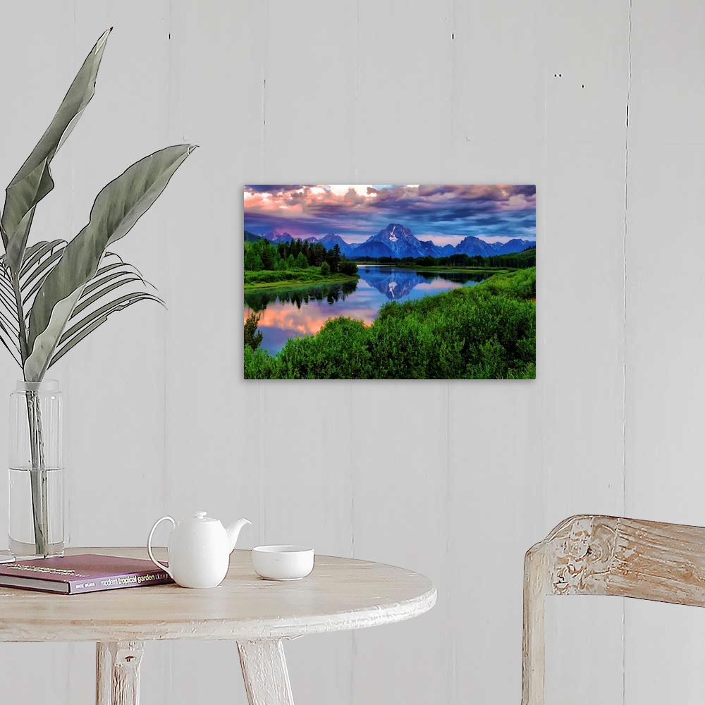 A farmhouse room featuring Giant, landscape photograph of morning light breaking through a stormy cloud cover over the Snake...
