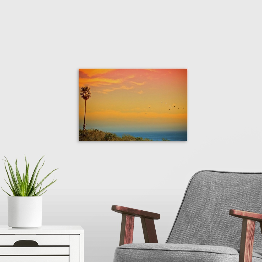 A modern room featuring Large canvas print of a beautifully colored sunset over the Pacific Ocean with a palm tree to the...