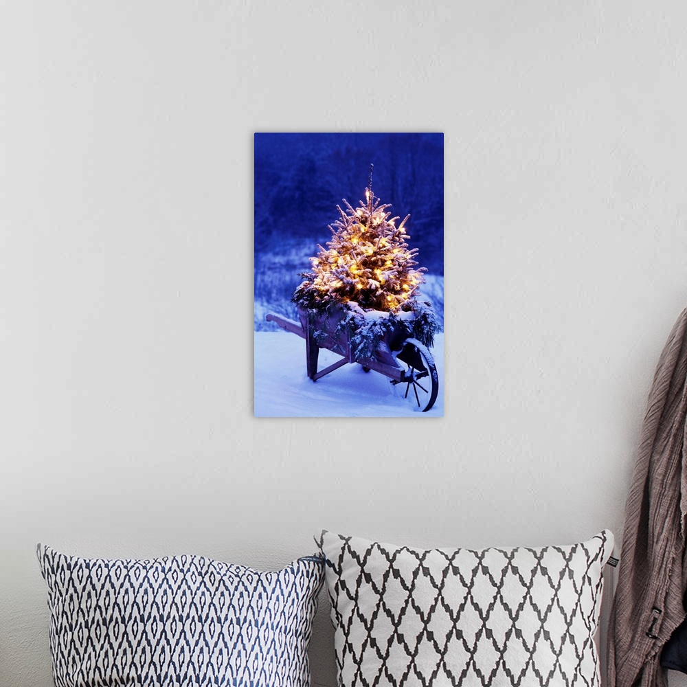 A bohemian room featuring Lighted Christmas Tree In Wheelbarrow
