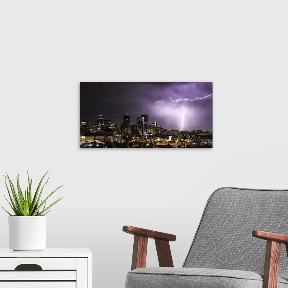 A modern room featuring Lightning bolts over Denver, Colorado.