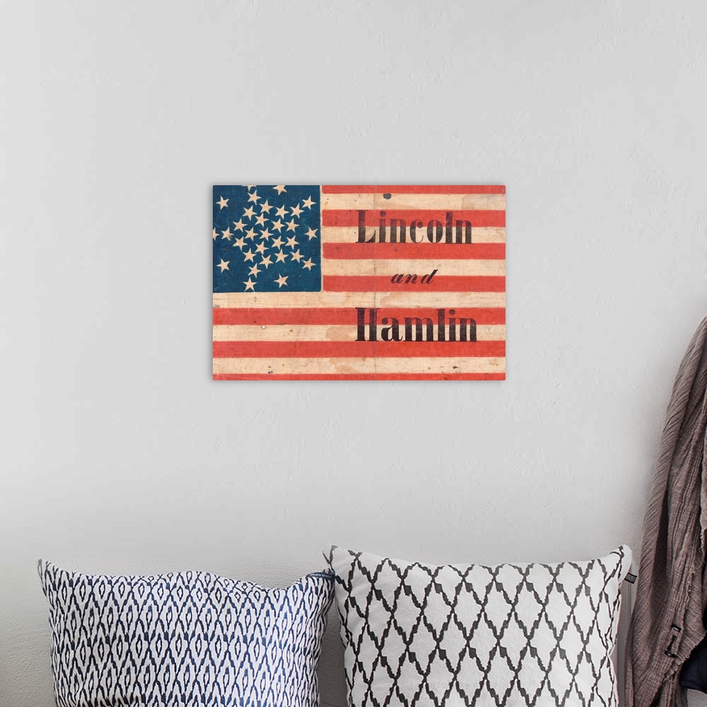 A bohemian room featuring Lincoln and Hamlin campaign banner showing American flag with thirty-one stars, created by H.C. H...