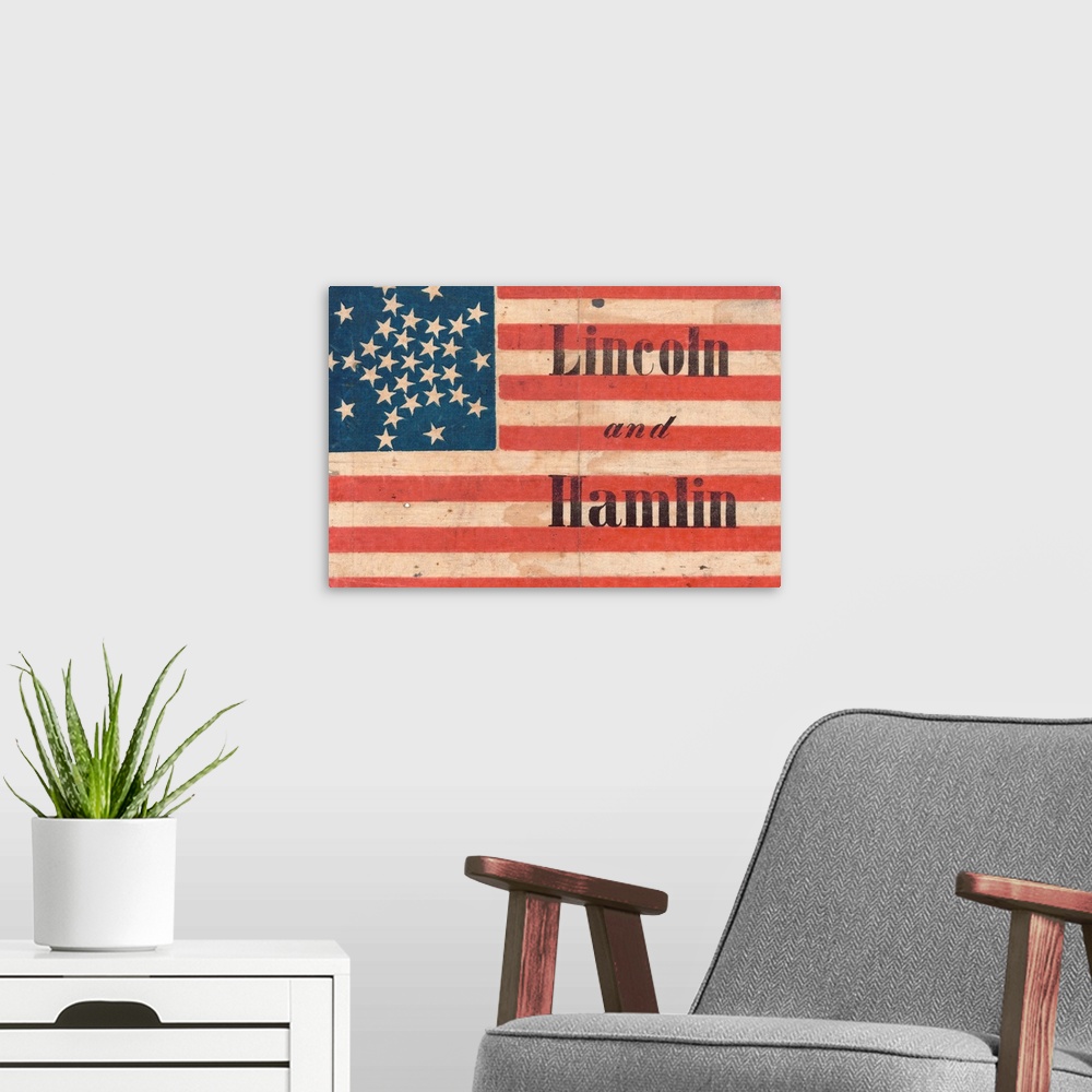 A modern room featuring Lincoln and Hamlin campaign banner showing American flag with thirty-one stars, created by H.C. H...