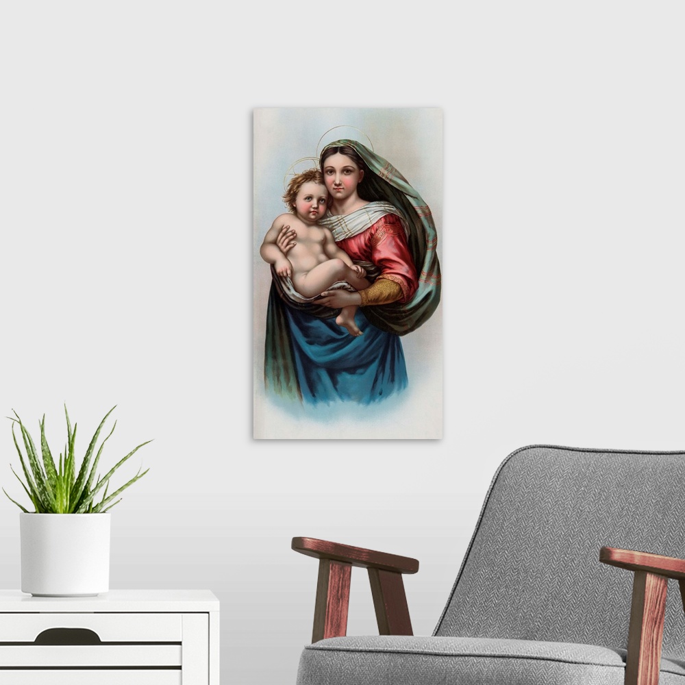 A modern room featuring Art reproduction of Raphael's Sistine Madonna, offered as a premium by B.T. Babbitt, soap and bak...