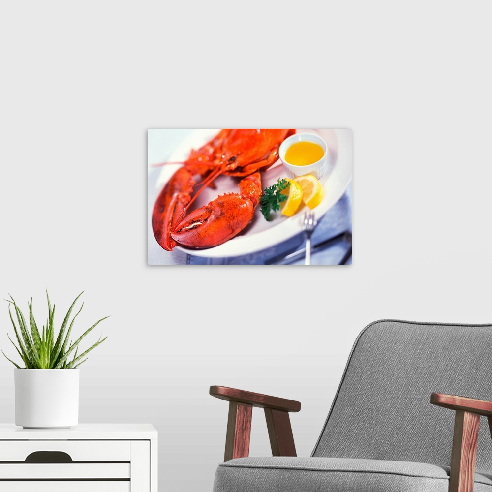 A modern room featuring Lobster dinner plate