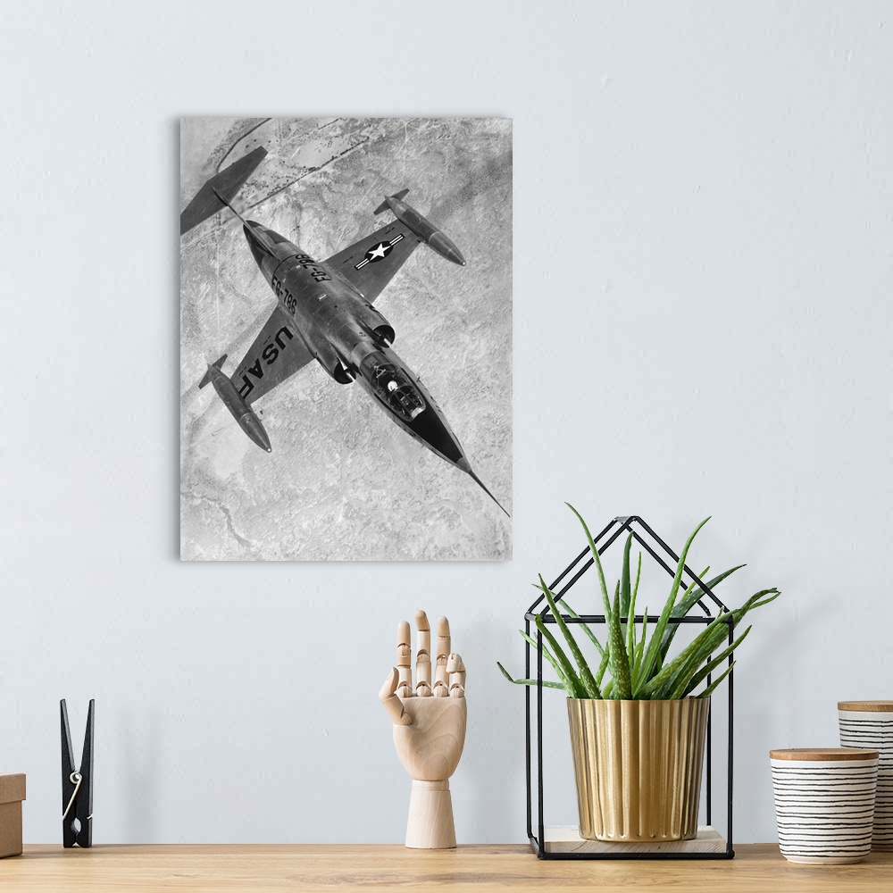 A bohemian room featuring A Lockheed f-104 Starfighter in flight.
