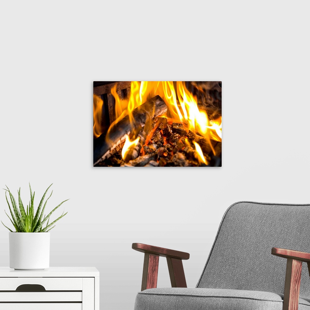 A modern room featuring Logs burning in fireplace