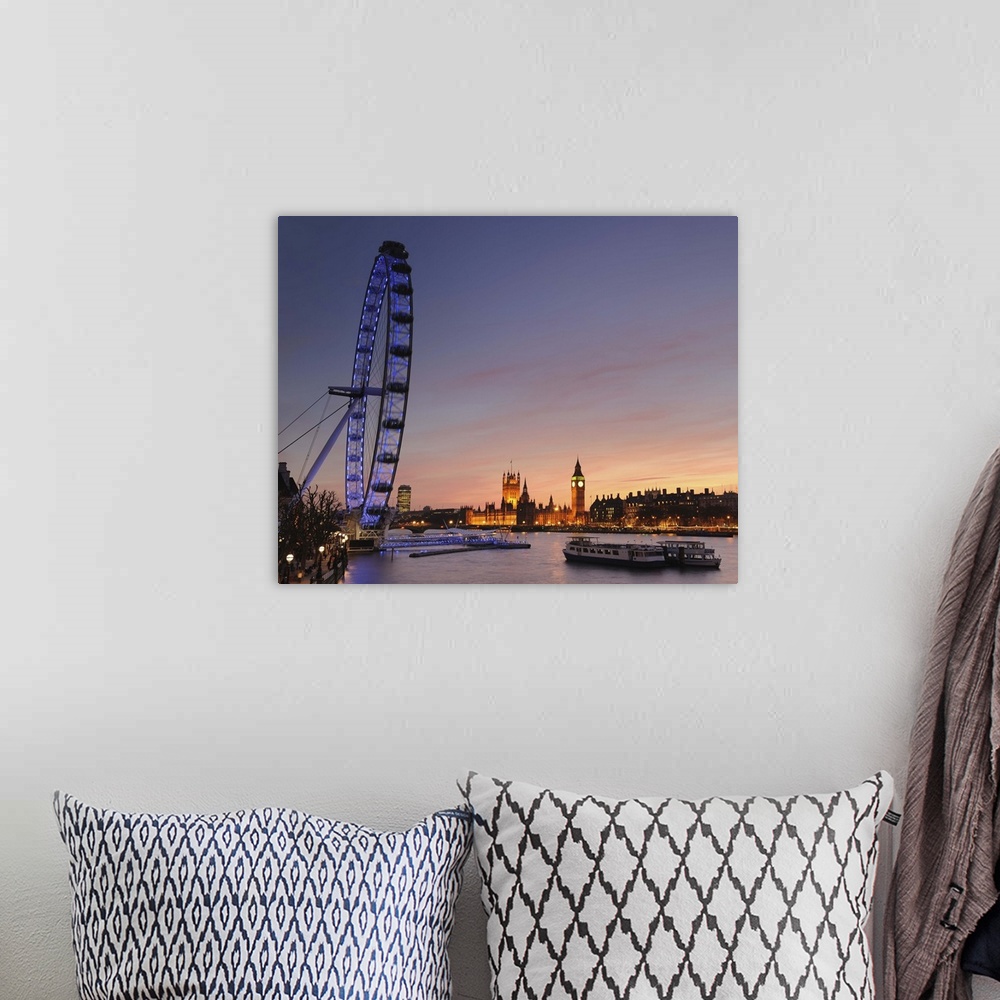 A bohemian room featuring View along The River Thames with the Millennium Wheel (London Eye) and Houses of Parliament at su...