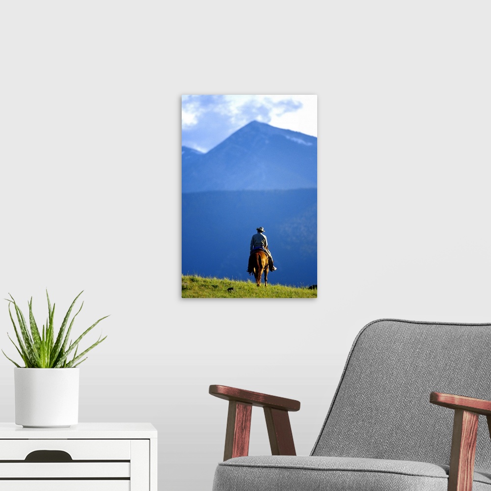 A modern room featuring Lone Cowboy riding the range in Montana