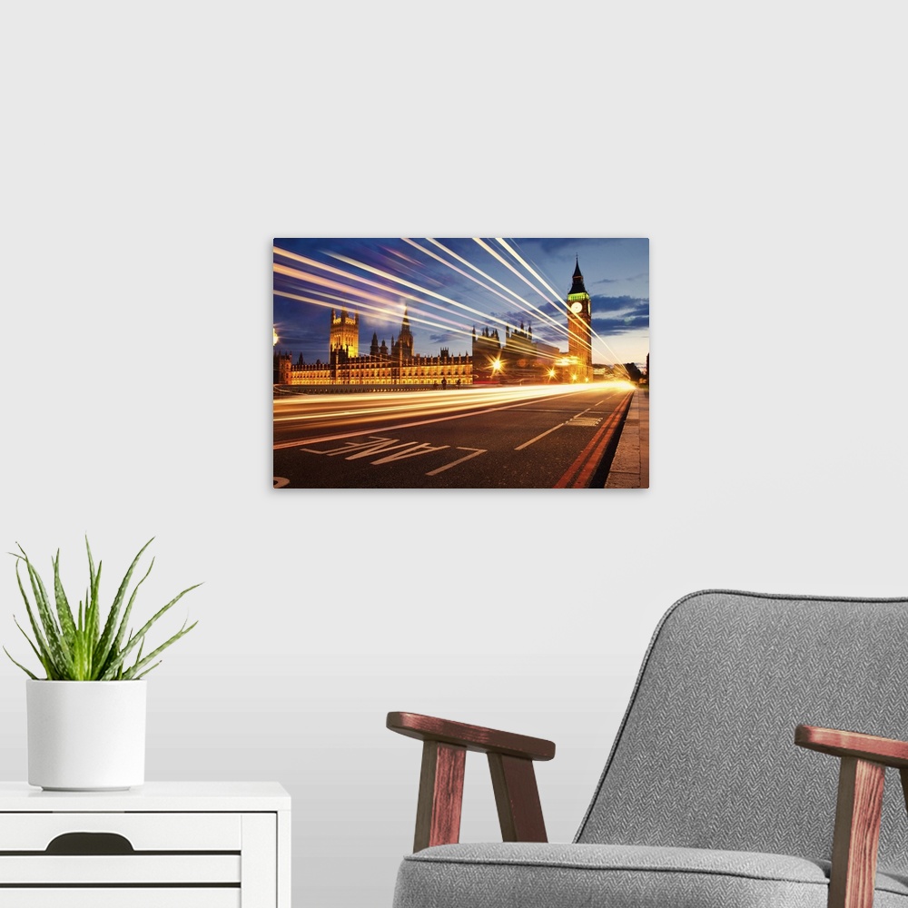 A modern room featuring Long exposure night time shot looking towards Big Ben and the Houses of Parliament, with light tr...