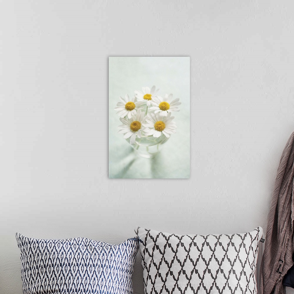 A bohemian room featuring Looking down at vase of fresh white daisies.