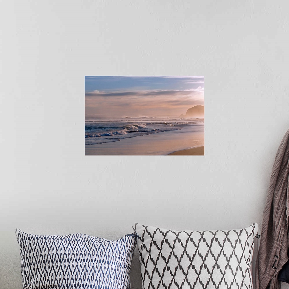 A bohemian room featuring Horizontal photograph on large canvas of waves crashing into the shoreline at St. Kilda, Dunedin....