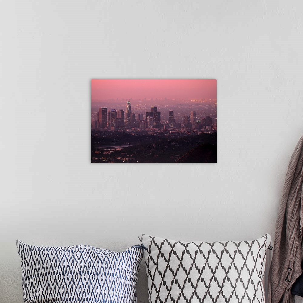 A bohemian room featuring Colorful predawn light falls on downtown Los Angeles. Silver Lake  visible in foreground.