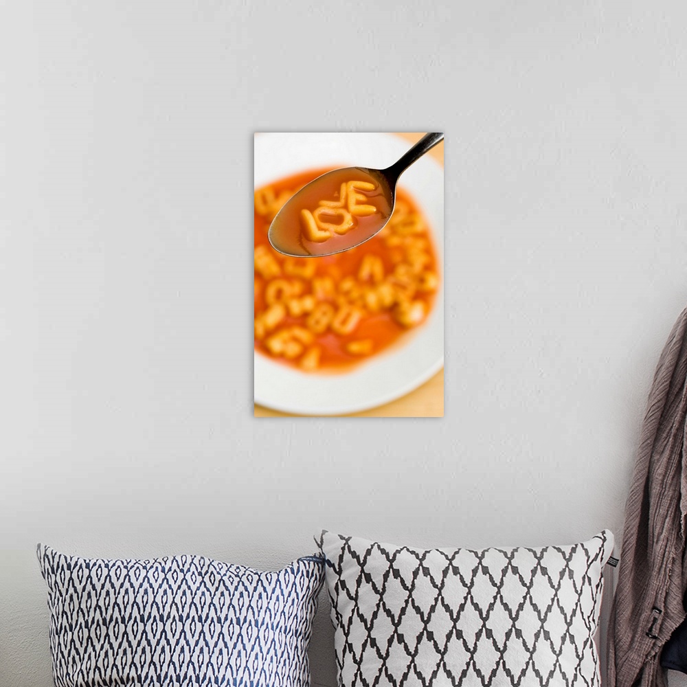 A bohemian room featuring Love in alphabet soup