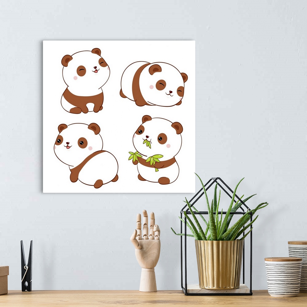 A bohemian room featuring Set of cute fat pandas in kawaii style. Collection of a lovely baby panda in different poses. Ori...