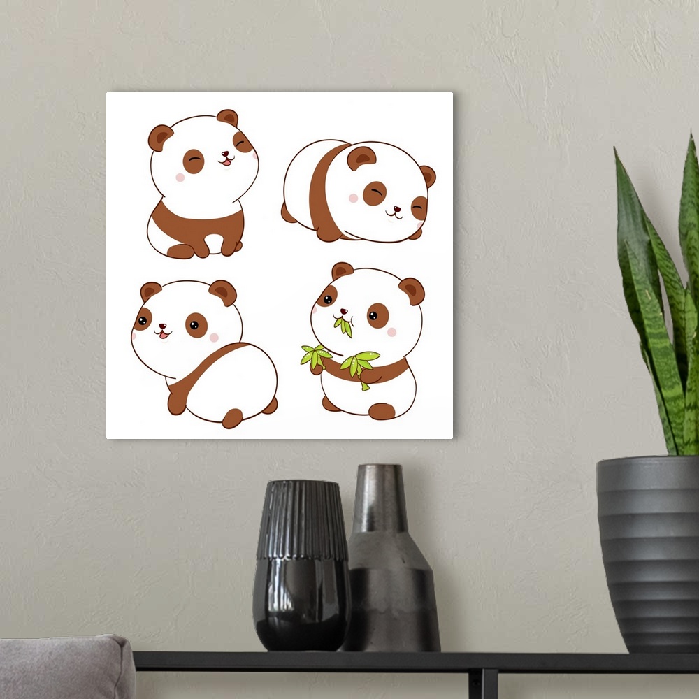 A modern room featuring Set of cute fat pandas in kawaii style. Collection of a lovely baby panda in different poses. Ori...