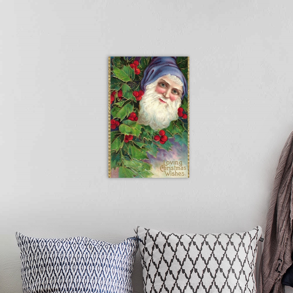 A bohemian room featuring Loving Christmas Wishes Postcard With Santa Claus In Blue Cap