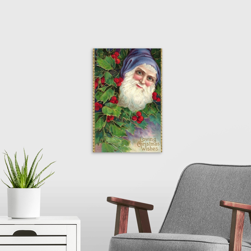 A modern room featuring Loving Christmas Wishes Postcard With Santa Claus In Blue Cap
