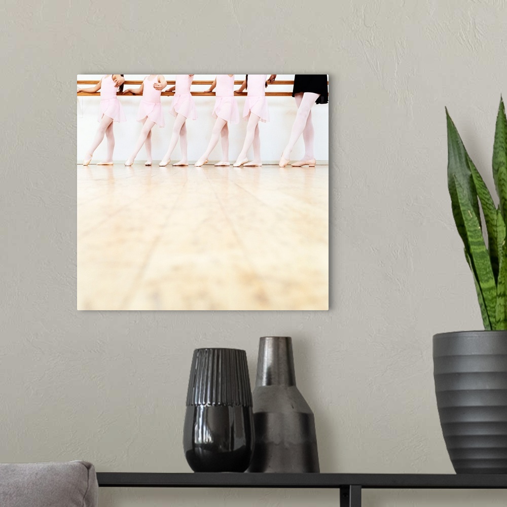 A modern room featuring Low Section View of a Line of Young Ballet Dancers Practicing in a Dance Studio