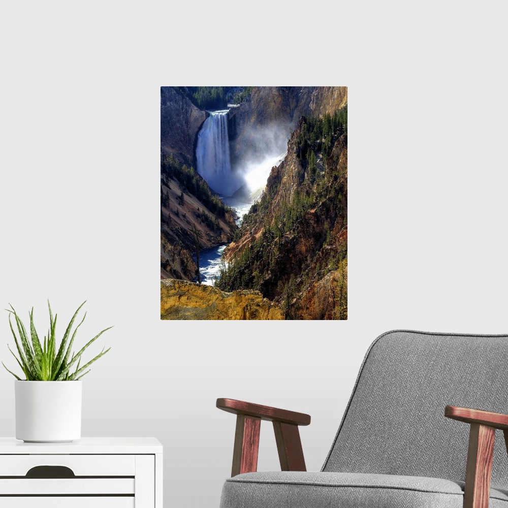A modern room featuring Lower Yellowstone Falls, Yellowstone National Park, Wyoming, HDR Image