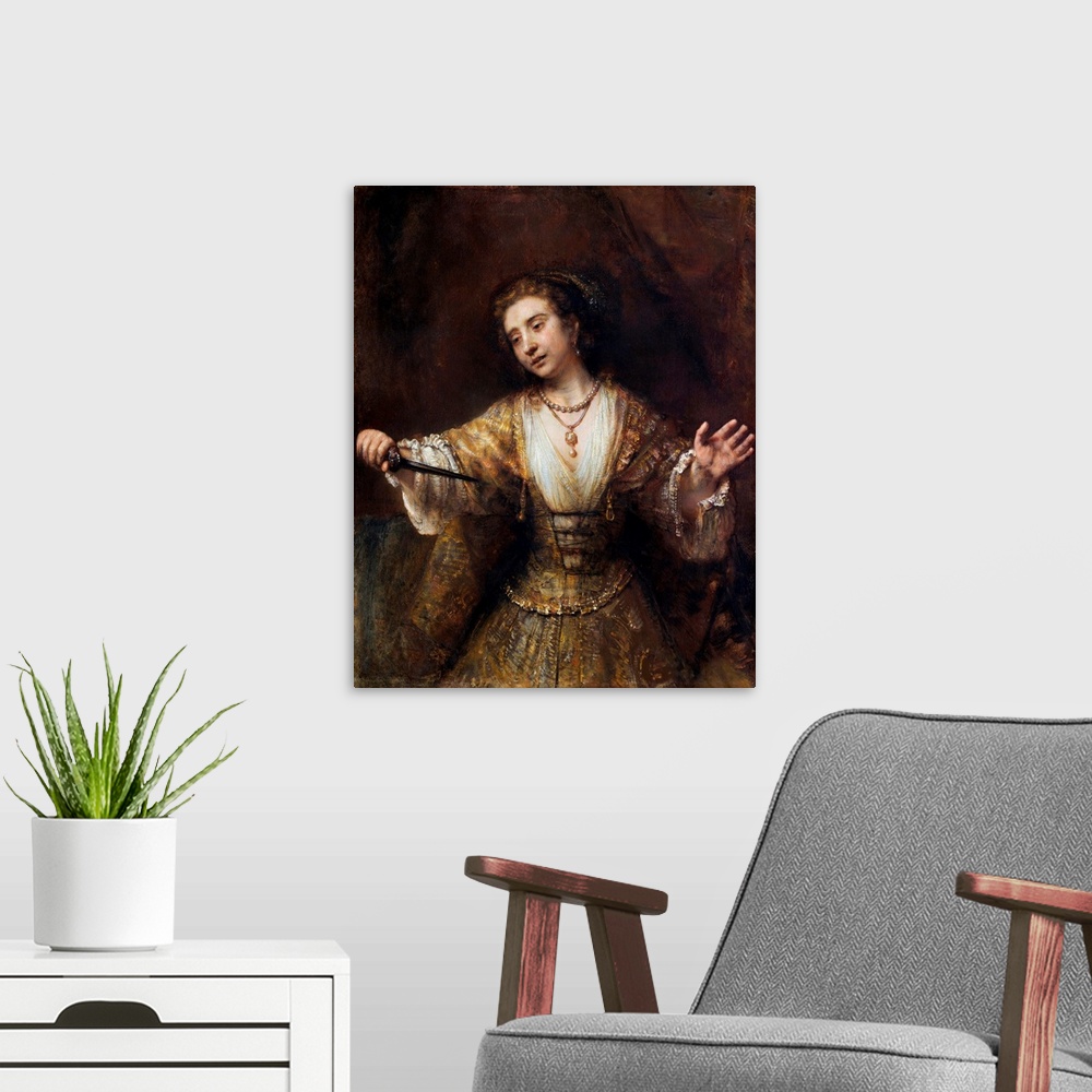 A modern room featuring Rembrandt van Rijn (Dutch, 1606-1669), Lucretia, 1664, oil on canvas, 120 x 101 cm (47 1/4 x 39 3...