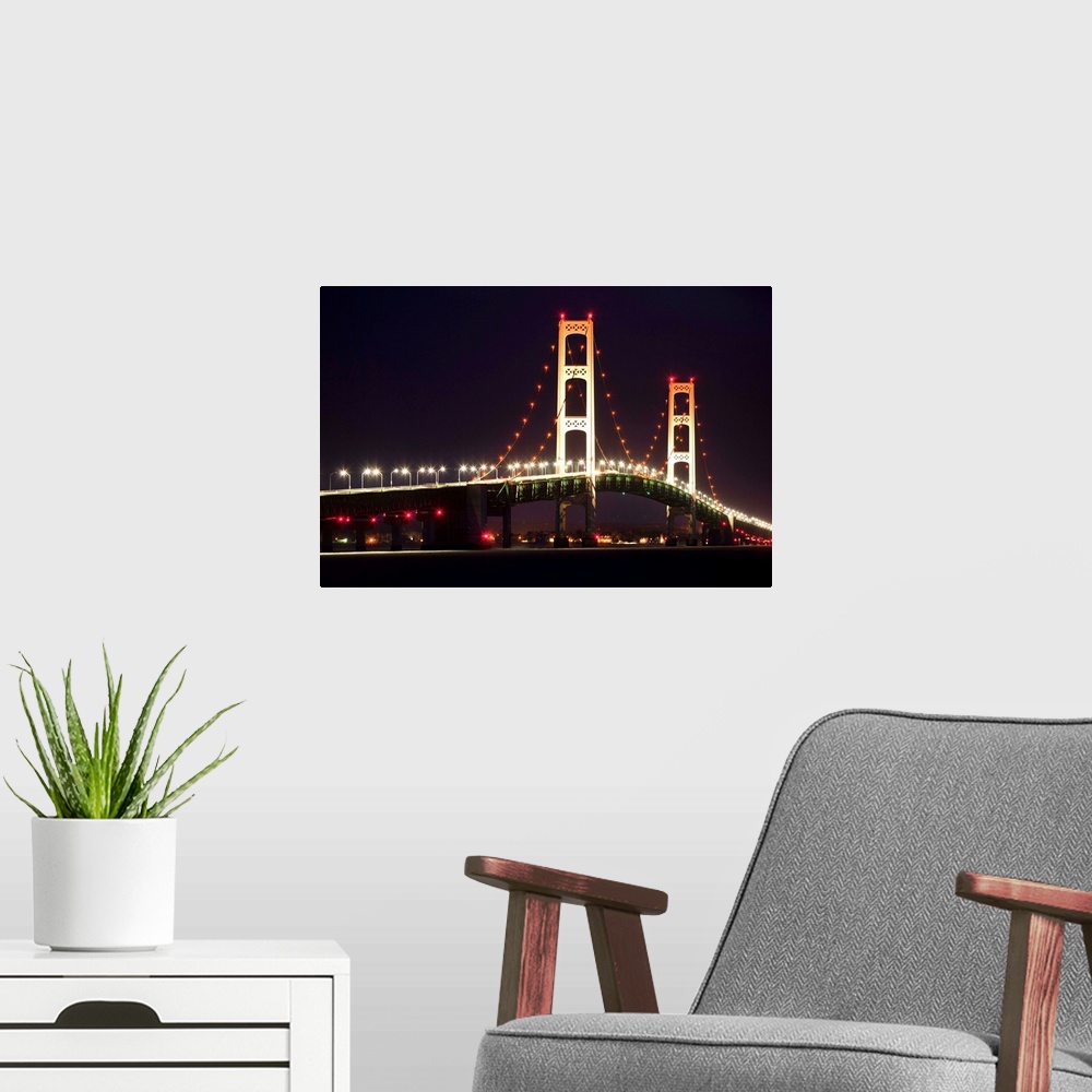 A modern room featuring The bridge spans the Straits of Mackinac connecting the Upper and Lower peninsulas.
