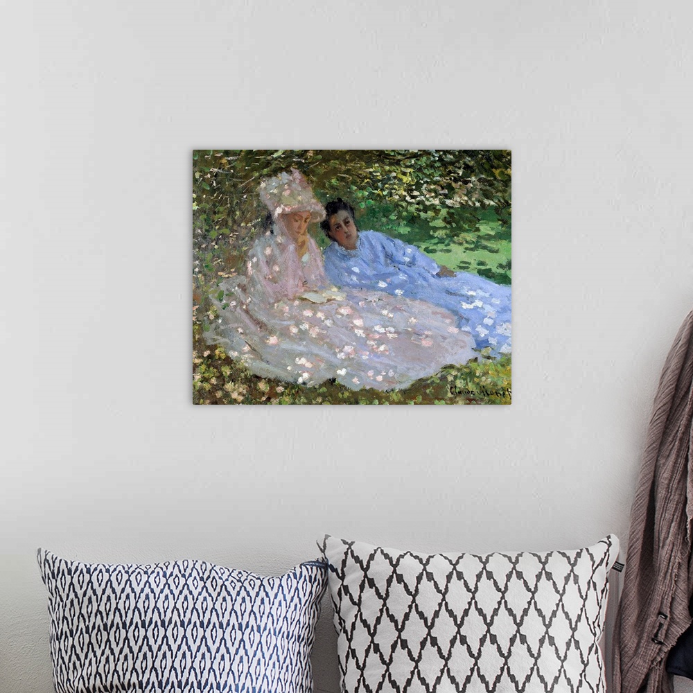 A bohemian room featuring Madame Monet and a friend in the garden. Two women sitting in the shade of a tree. Painting by Cl...