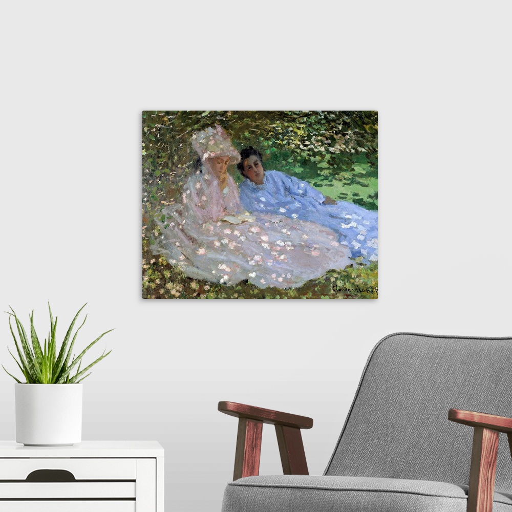 A modern room featuring Madame Monet and a friend in the garden. Two women sitting in the shade of a tree. Painting by Cl...