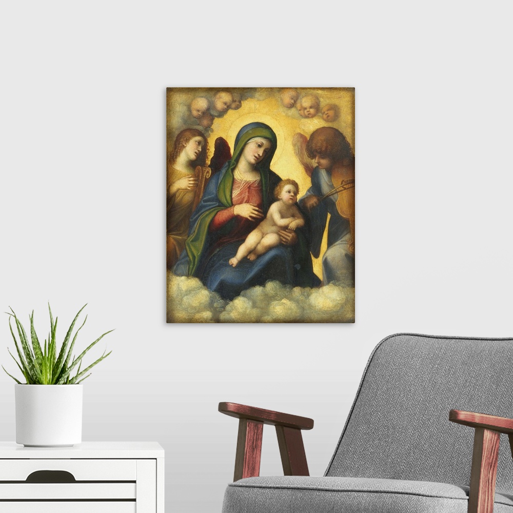 A modern room featuring Madonna And Child In Glory By Correggio