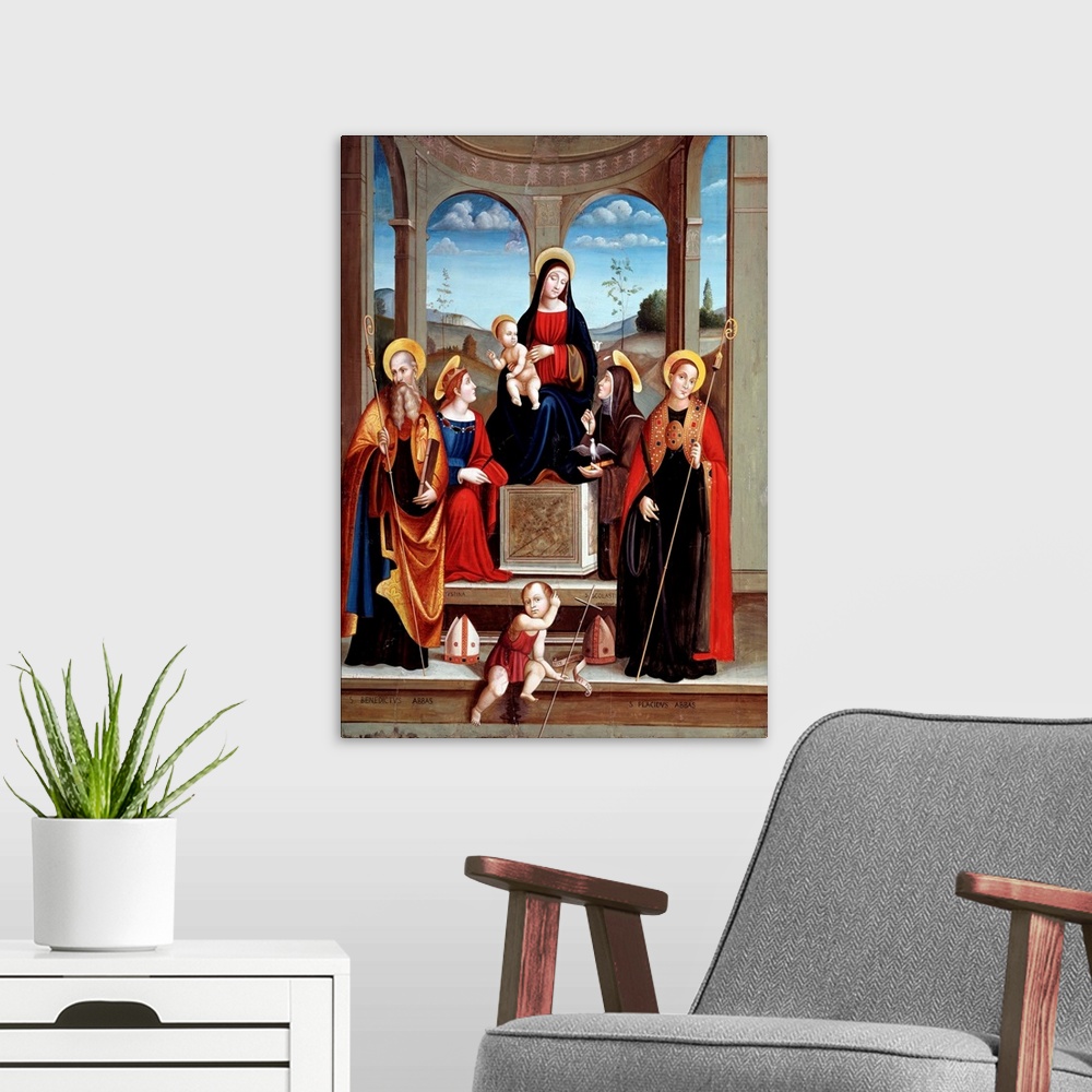 A modern room featuring Madonna with Child and Sts Scholastica, Justina, Benedict and Placid, by Francesco Raibolini know...