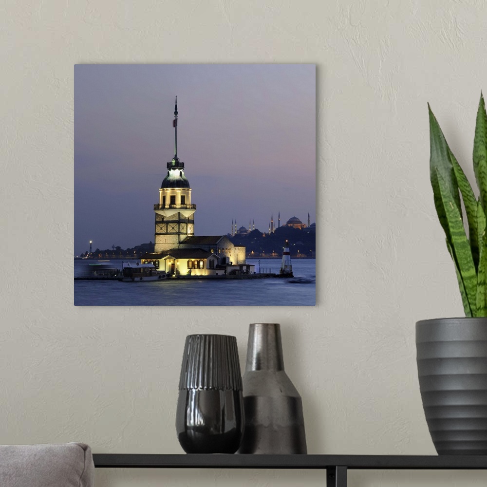 A modern room featuring Maiden's Tower at sunset, Turkey