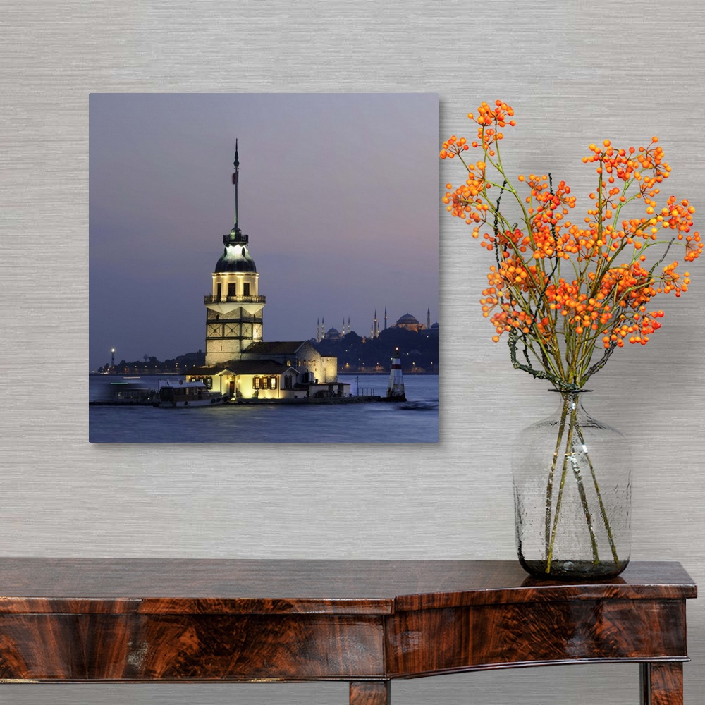A traditional room featuring Maiden's Tower at sunset, Turkey