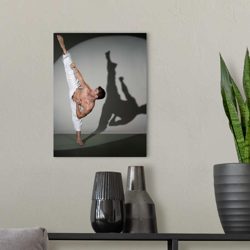 A modern room featuring Male martial artist performing kick, studio shot