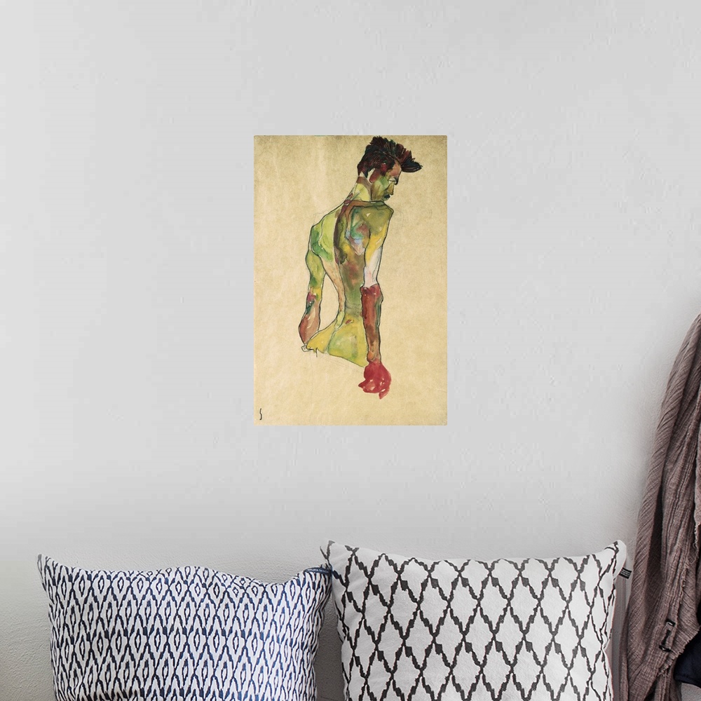 A bohemian room featuring Male Nude In Profile Facing Right By Egon Schiele