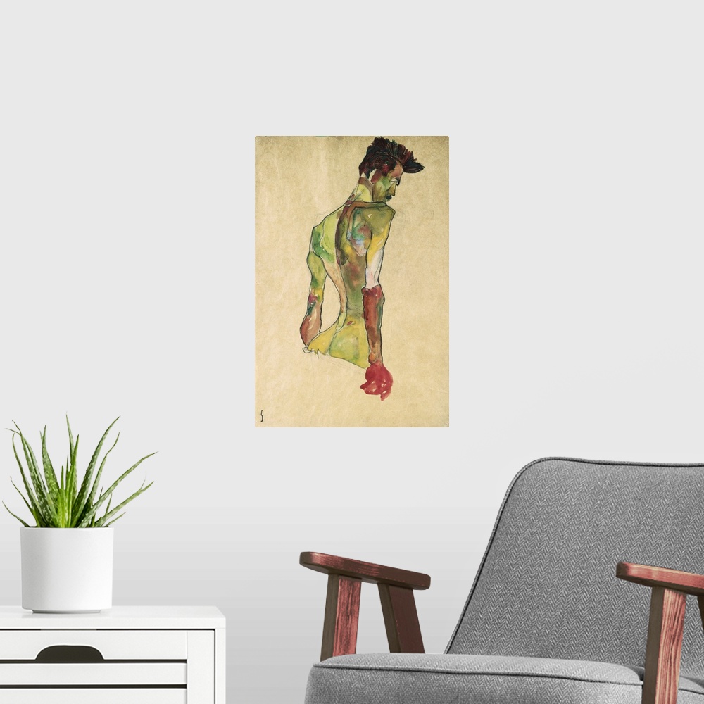 A modern room featuring Male Nude In Profile Facing Right By Egon Schiele