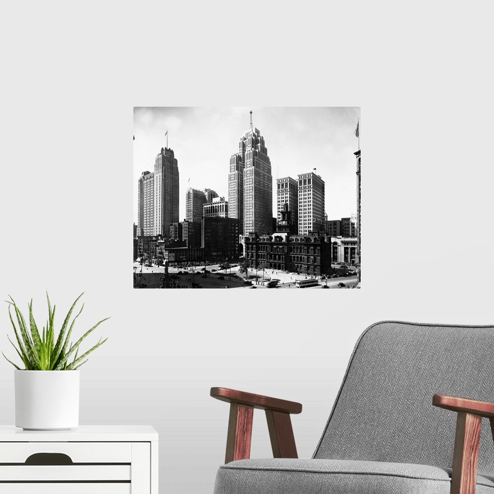 A modern room featuring Buildings left to right: Union Guardian Building; Union Guardian Building; Buhl Building; Ford Bu...