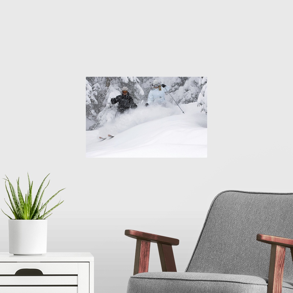 A modern room featuring Man and woman snow skiing